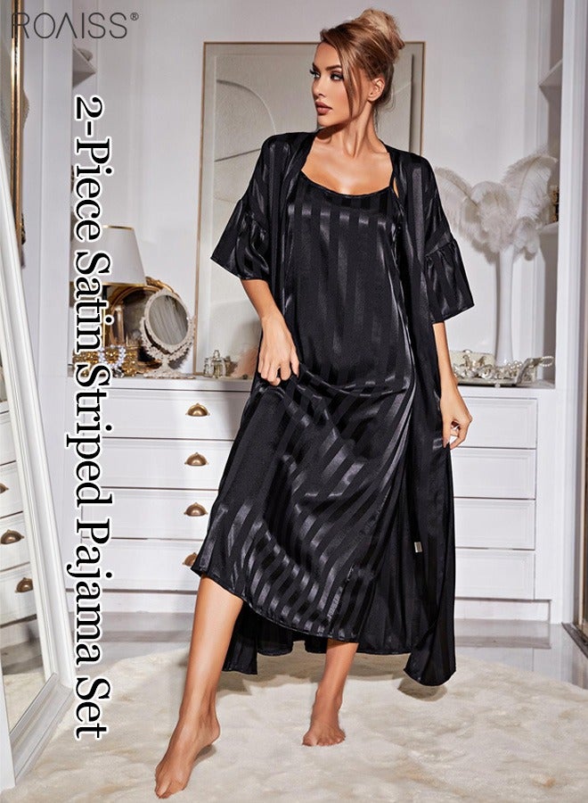 2-Piece Women'S Striped Pajamas Classic Round Neck Vertical Stripe And Ankle Length Suspender Nightgown 5 Sleeve Long Cardigan
