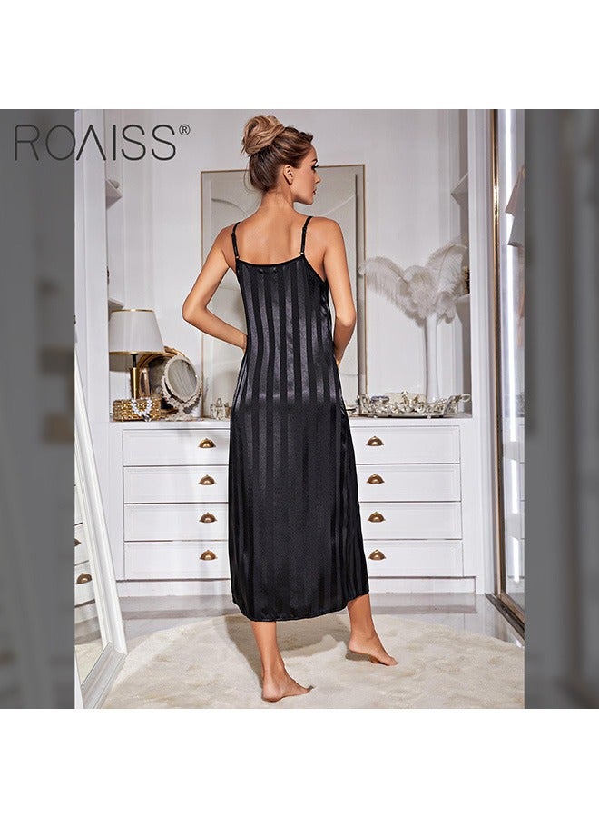 2-Piece Women'S Striped Pajamas Classic Round Neck Vertical Stripe And Ankle Length Suspender Nightgown 5 Sleeve Long Cardigan