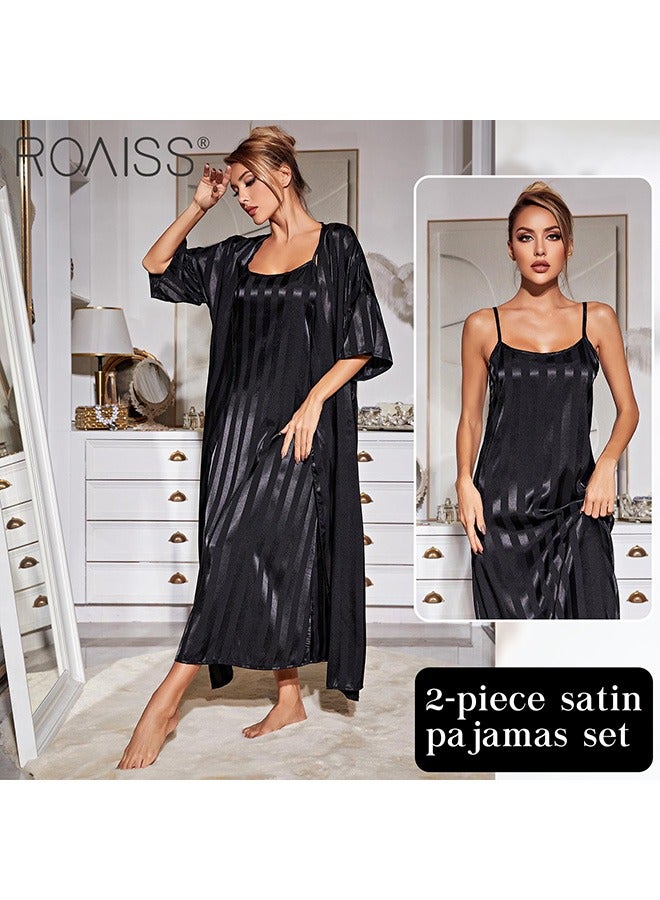 2-Piece Women'S Striped Pajamas Classic Round Neck Vertical Stripe And Ankle Length Suspender Nightgown 5 Sleeve Long Cardigan