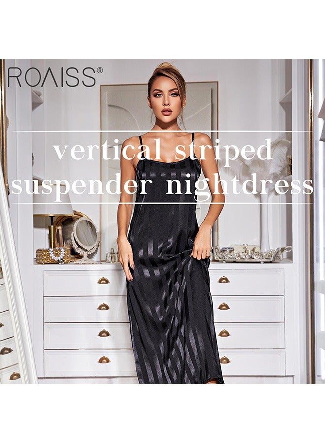 2-Piece Women'S Striped Pajamas Classic Round Neck Vertical Stripe And Ankle Length Suspender Nightgown 5 Sleeve Long Cardigan