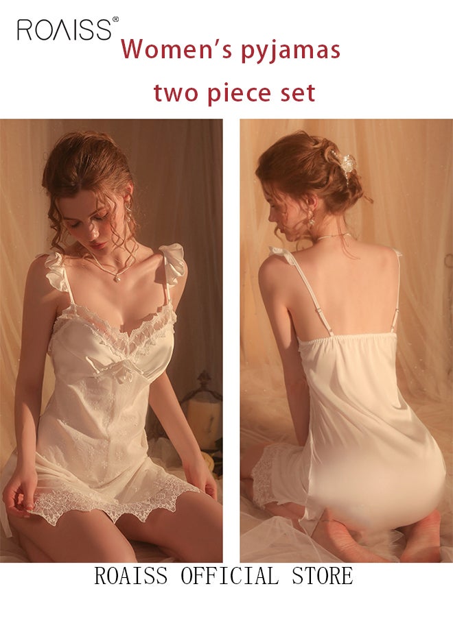 2 Piece Nightgown Set Women Sweet Nightdress Lace Lingerie Sleepwear Home Dress Set Romantic Elegant Pajamas Ladies Spring Autumn Robe Loungewear