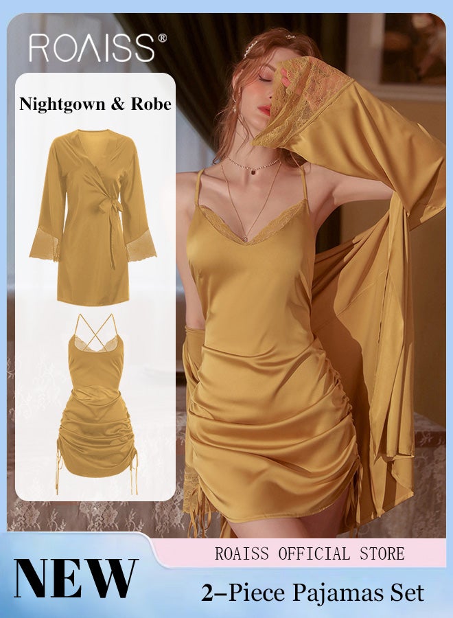 2-Piece Set of Women Pajamas with V-Neck Design Women Home Wear Set Same Color Outer Robe and Lace Element Nightgown