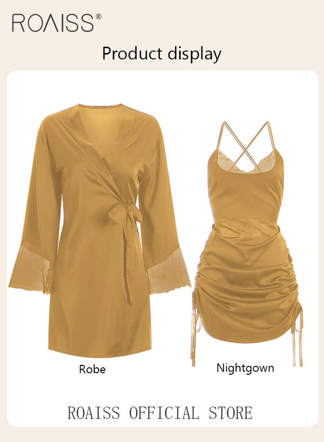 2-Piece Set of Women Pajamas with V-Neck Design Women Home Wear Set Same Color Outer Robe and Lace Element Nightgown