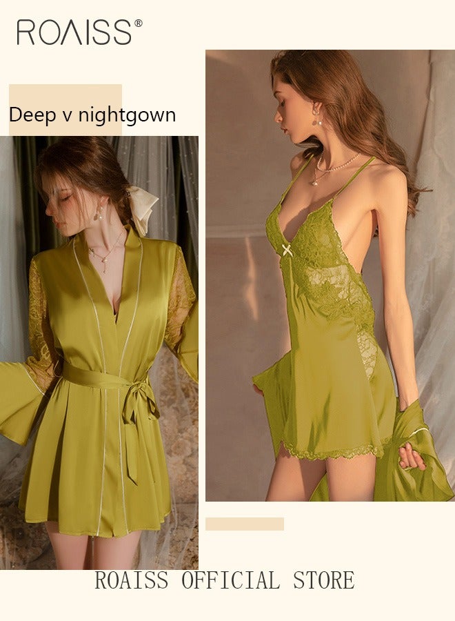 2-Piece Set of Women Pajamas with V-Neck Design Women Home Wear Set Same Color Outer Robe and Lace Element Nightgown