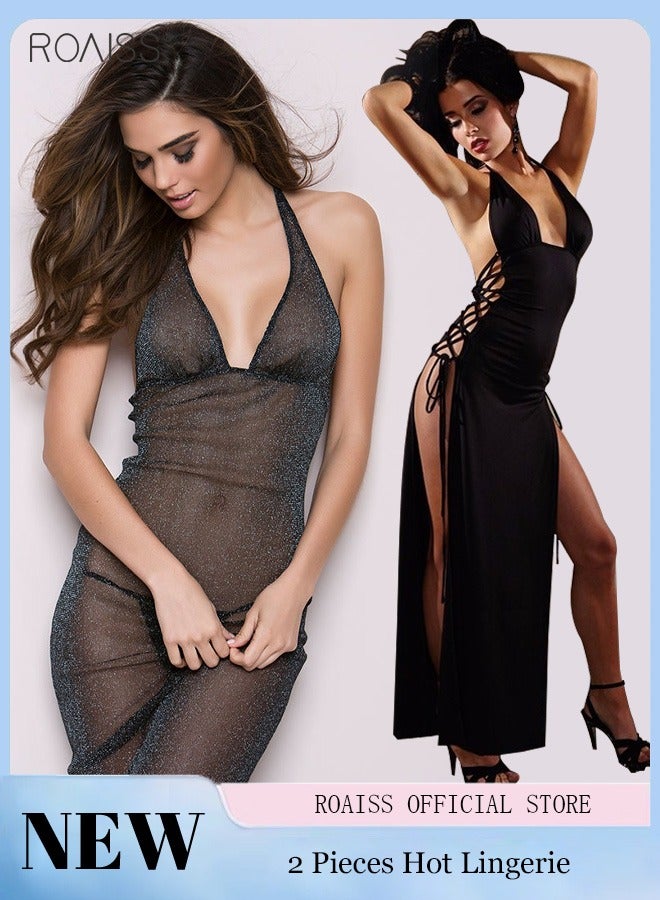 2-Piece Women's Silvery Translucent Halter Dress + Hollowed-Out Lace Halter Split Dress