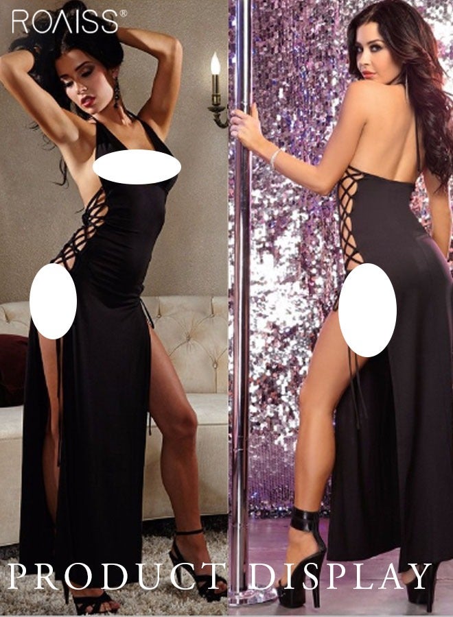 2-Piece Women's Silvery Translucent Halter Dress + Hollowed-Out Lace Halter Split Dress