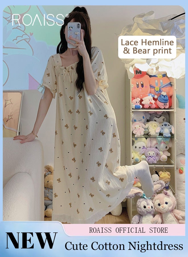 Sweet Cute Nightdress for Women Girls Little Bear Print Nightgown with Lace Trim Summer Thin Short Sleeved Loose Lounge Cotton Pajamas Midi Dress