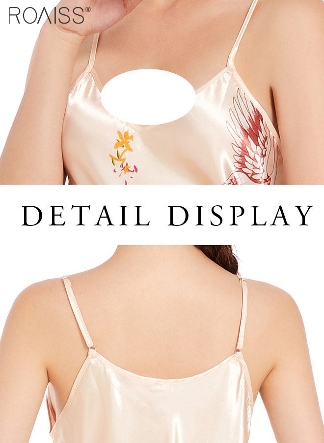 Ice Silk Satin Suspender Nightgown For Women'S Summer Daily Printed V-Neck Adjustable Shoulder Straps Home Wear