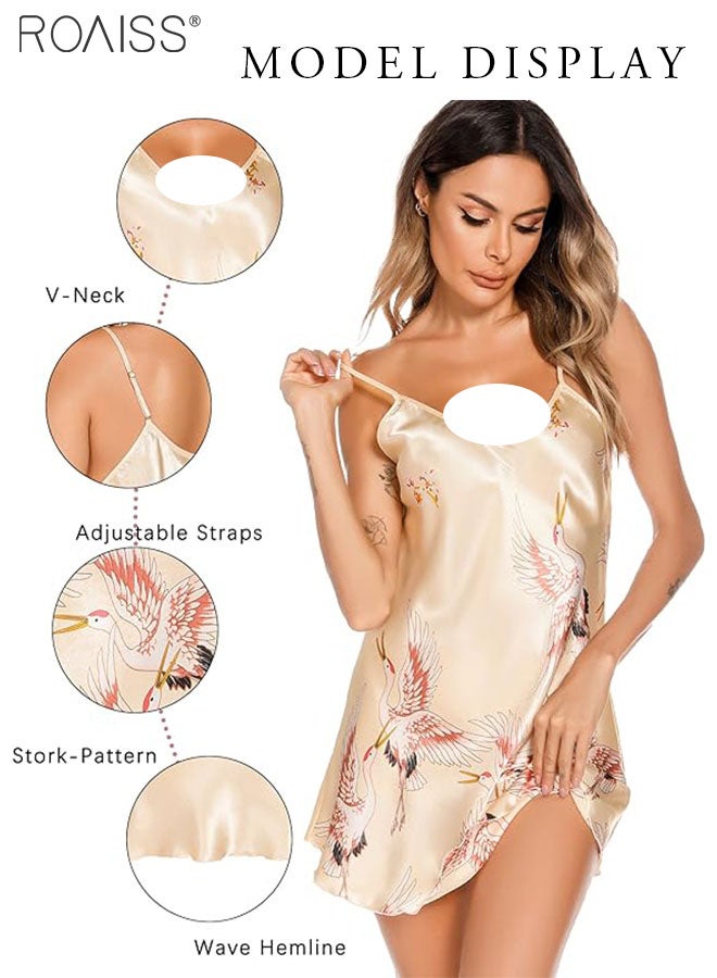 Ice Silk Satin Suspender Nightgown For Women'S Summer Daily Printed V-Neck Adjustable Shoulder Straps Home Wear