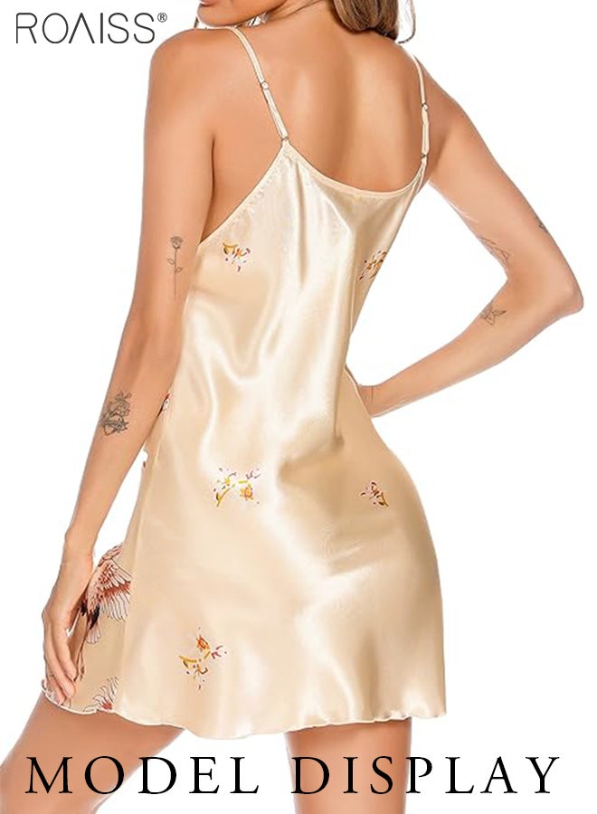 Ice Silk Satin Suspender Nightgown For Women'S Summer Daily Printed V-Neck Adjustable Shoulder Straps Home Wear