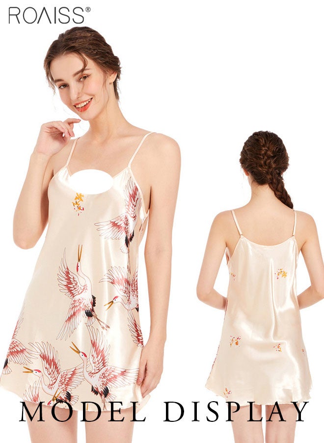Ice Silk Satin Suspender Nightgown For Women'S Summer Daily Printed V-Neck Adjustable Shoulder Straps Home Wear