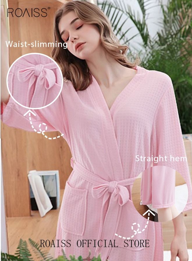 Women and Men Waffle Kimono Bathrobe Cotton Sleepwear Spa Robe Nightwear Nightgown Women Water Bathrobe Bridesmaid Robes Unisex Dressing Gown Autumn Robe