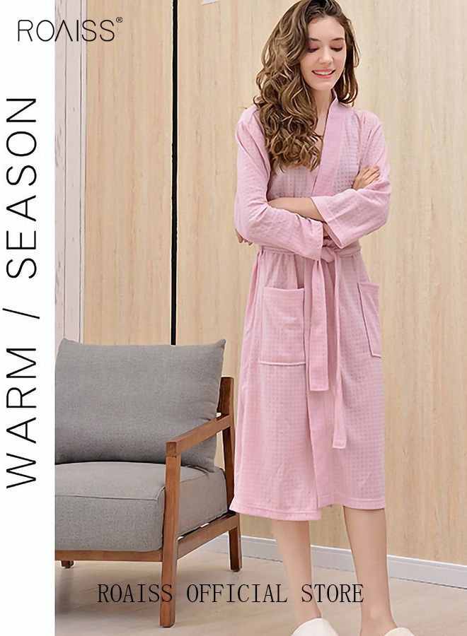 Women and Men Waffle Kimono Bathrobe Cotton Sleepwear Spa Robe Nightwear Nightgown Women Water Bathrobe Bridesmaid Robes Unisex Dressing Gown Autumn Robe
