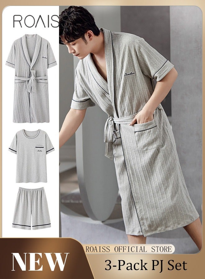 New Summer Men 3 Piece Set Pajamas Soft Cotton Home Suit Plus Size Sleepwear Short Sleeve Robe and Pajama Set Grey Pijamas