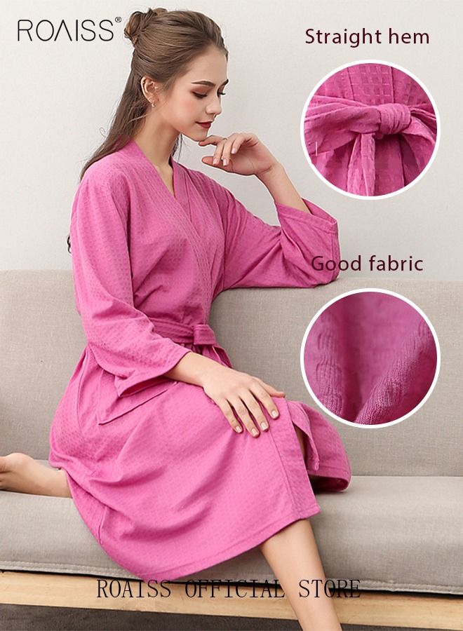 Women Waffle Kimono Bathrobe Cotton Sleepwear Spa Robe Nightwear Nightgown Women Water Bathrobe Bridesmaid Robes Dressing Gown Autumn Robe Rose Red