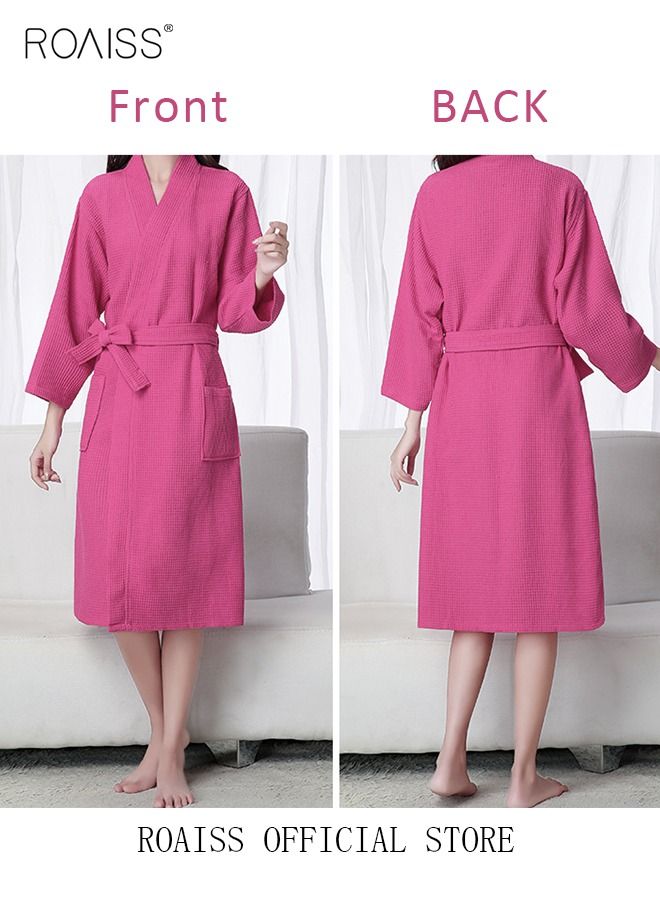 Women Waffle Kimono Bathrobe Cotton Sleepwear Spa Robe Nightwear Nightgown Women Water Bathrobe Bridesmaid Robes Dressing Gown Autumn Robe Rose Red