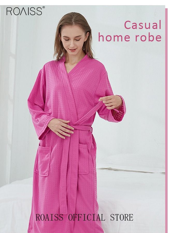 Women Waffle Kimono Bathrobe Cotton Sleepwear Spa Robe Nightwear Nightgown Women Water Bathrobe Bridesmaid Robes Dressing Gown Autumn Robe Rose Red