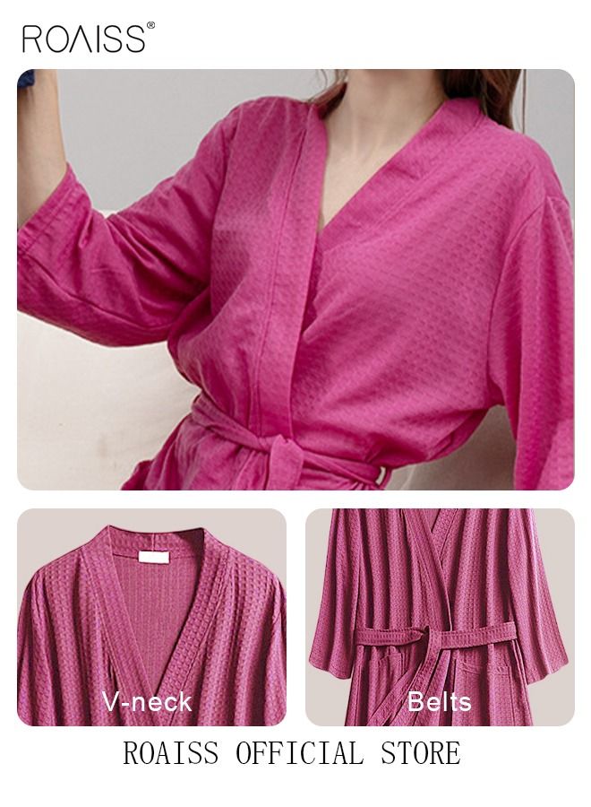 Women Waffle Kimono Bathrobe Cotton Sleepwear Spa Robe Nightwear Nightgown Women Water Bathrobe Bridesmaid Robes Dressing Gown Autumn Robe Rose Red
