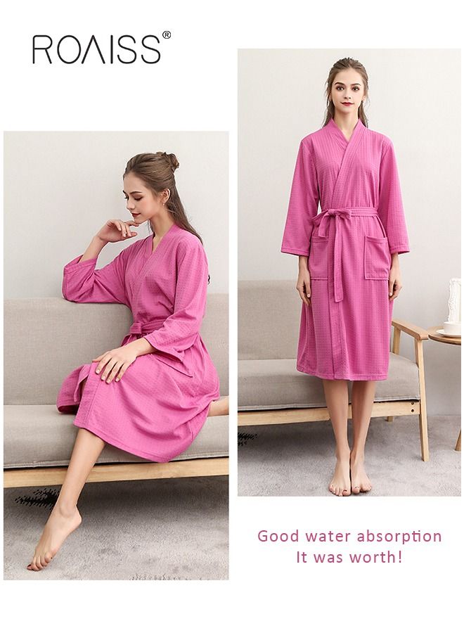 Women Waffle Kimono Bathrobe Cotton Sleepwear Spa Robe Nightwear Nightgown Women Water Bathrobe Bridesmaid Robes Dressing Gown Autumn Robe Rose Red