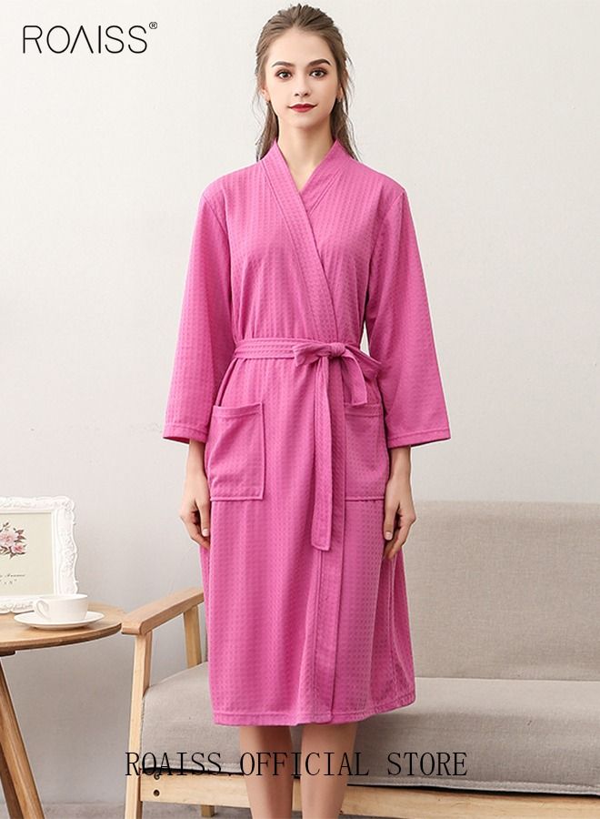 Women Waffle Kimono Bathrobe Cotton Sleepwear Spa Robe Nightwear Nightgown Women Water Bathrobe Bridesmaid Robes Dressing Gown Autumn Robe Rose Red