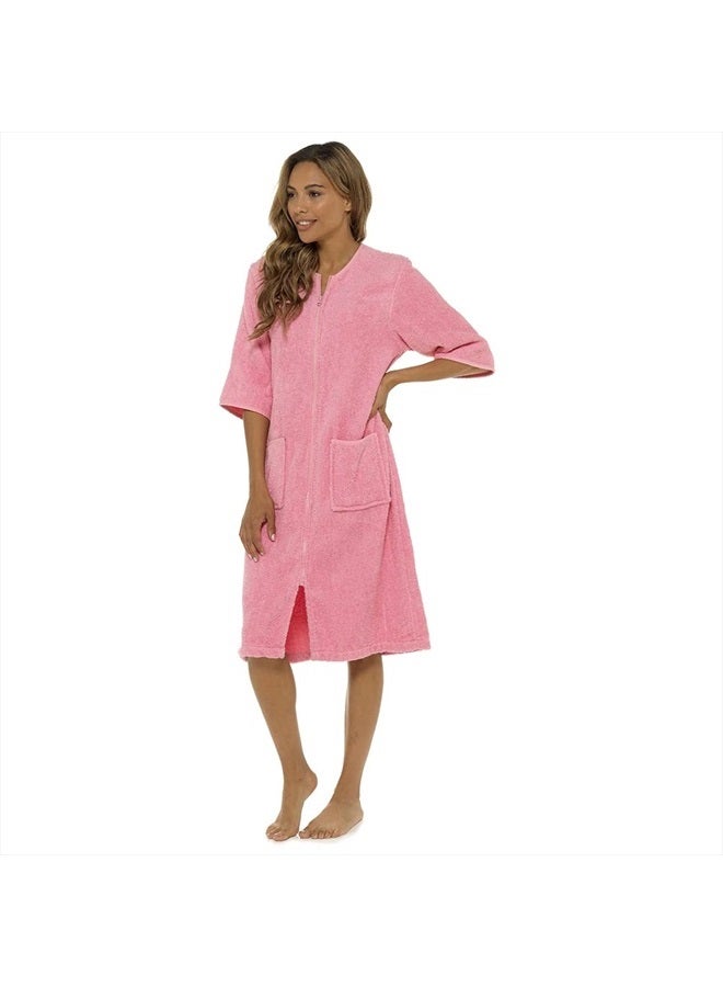 Ladies/Womens 100% Cotton Terry Towelling Zip Front Dressing Gown/Bathrobe/Housecoat (Pink, Large)