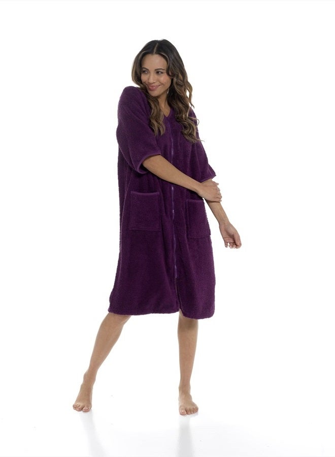 Ladies/Womens 100% Cotton Terry Towelling Zip Front Dressing Gown/Bathrobe/Housecoat (Plum, XL)