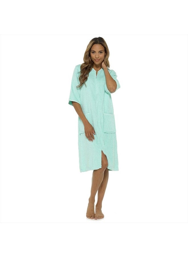 Ladies/Womens 100% Cotton Terry Towelling Zip Front Dressing Gown/Bathrobe/Housecoat (Mint, Small)