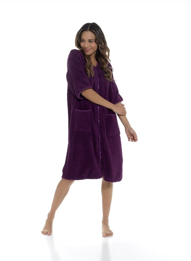 Ladies/Womens 100% Cotton Terry Towelling Zip Front Dressing Gown/Bathrobe/Housecoat (Plum, Large)