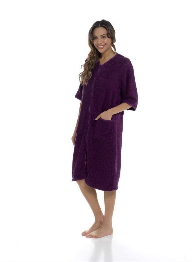 Ladies/Womens 100% Cotton Terry Towelling Zip Front Dressing Gown/Bathrobe/Housecoat (Plum, Large)