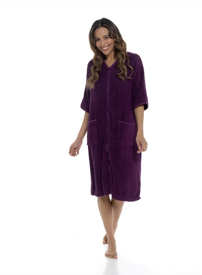 Ladies/Womens 100% Cotton Terry Towelling Zip Front Dressing Gown/Bathrobe/Housecoat (Plum, Large)