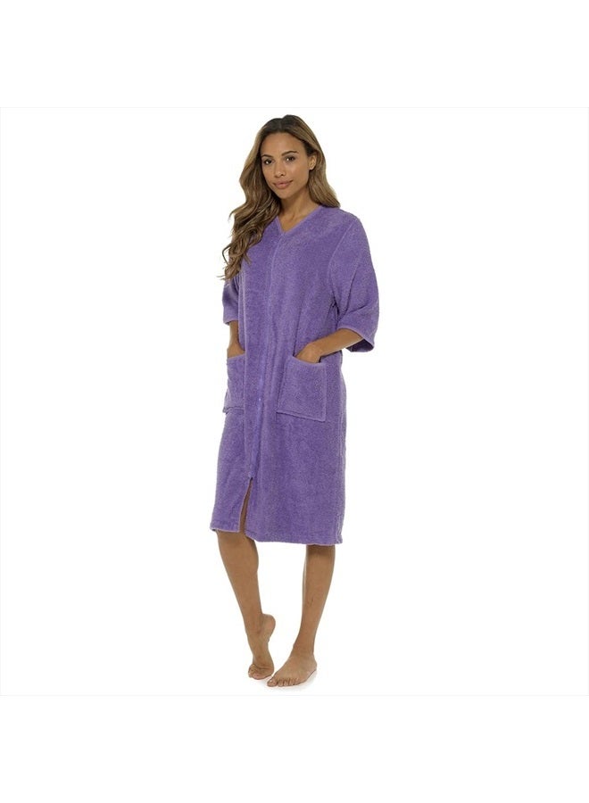 Ladies/Womens 100% Cotton Terry Towelling Zip Front Dressing Gown/Bathrobe/Housecoat (Lilac/Blue, XL)