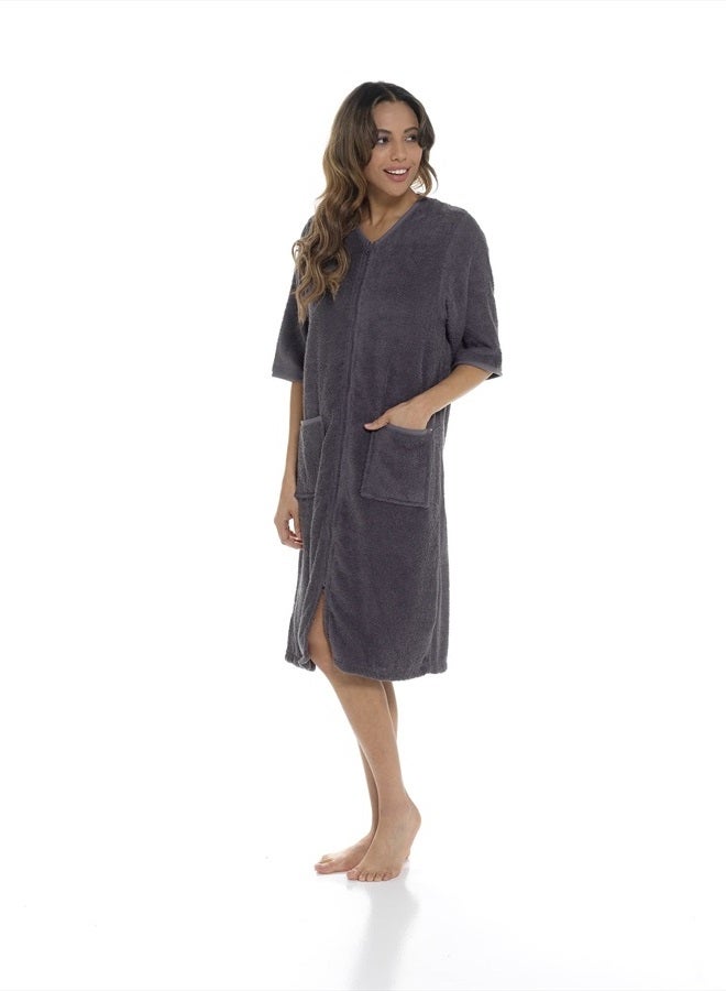 Ladies/Womens 100% Cotton Terry Towelling Zip Front Dressing Gown/Bathrobe/Housecoat (Dark Grey, Small)