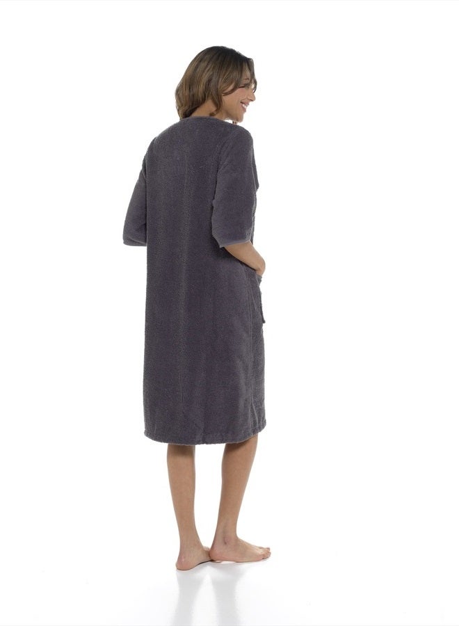 Ladies/Womens 100% Cotton Terry Towelling Zip Front Dressing Gown/Bathrobe/Housecoat (Dark Grey, Small)