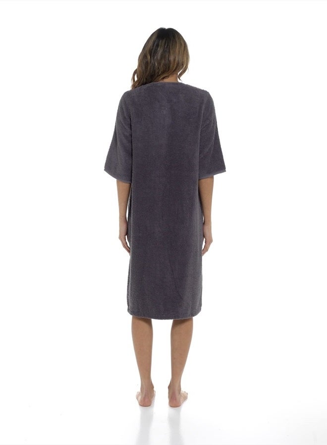 Ladies/Womens 100% Cotton Terry Towelling Zip Front Dressing Gown/Bathrobe/Housecoat (Dark Grey, Large)