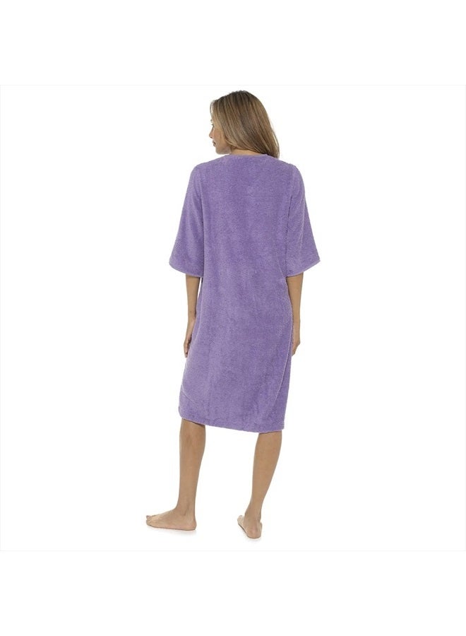 Ladies/Womens 100% Cotton Terry Towelling Zip Front Dressing Gown/Bathrobe/Housecoat (Lilac/Blue, Small)