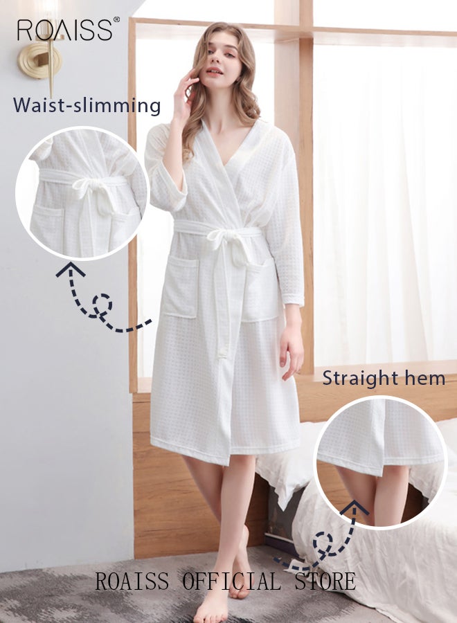 Women and Men Waffle Kimono Bathrobe Cotton Sleepwear Spa Robe Nightwear Nightgown Women Water Bathrobe Bridesmaid Robes Unisex Dressing Gown Autumn Robe