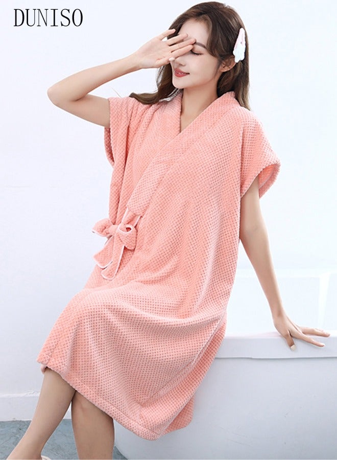 Women's Waffle Kimono Bathrobe Short Sleeve Sleepwear Spa Robe Nightwear Nightgown Women Water Bathrobe Bridesmaid Robes Dressing Gown Autumn Robe