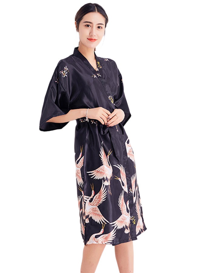 Self-Tie Waist Printed Night Robe Black