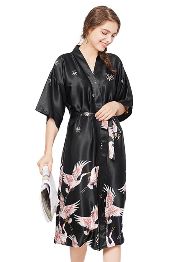 Self-Tie Waist Printed Night Robe Black