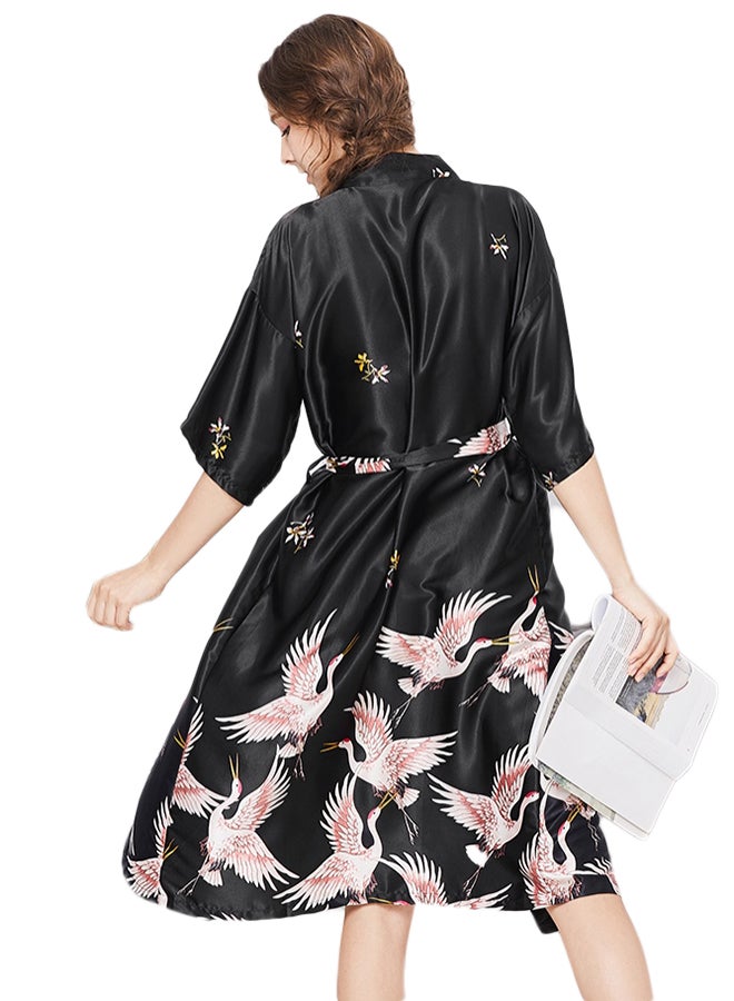 Self-Tie Waist Printed Night Robe Black