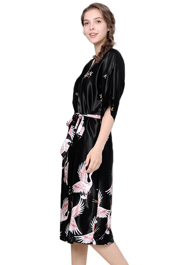 Self-Tie Waist Printed Night Robe Black