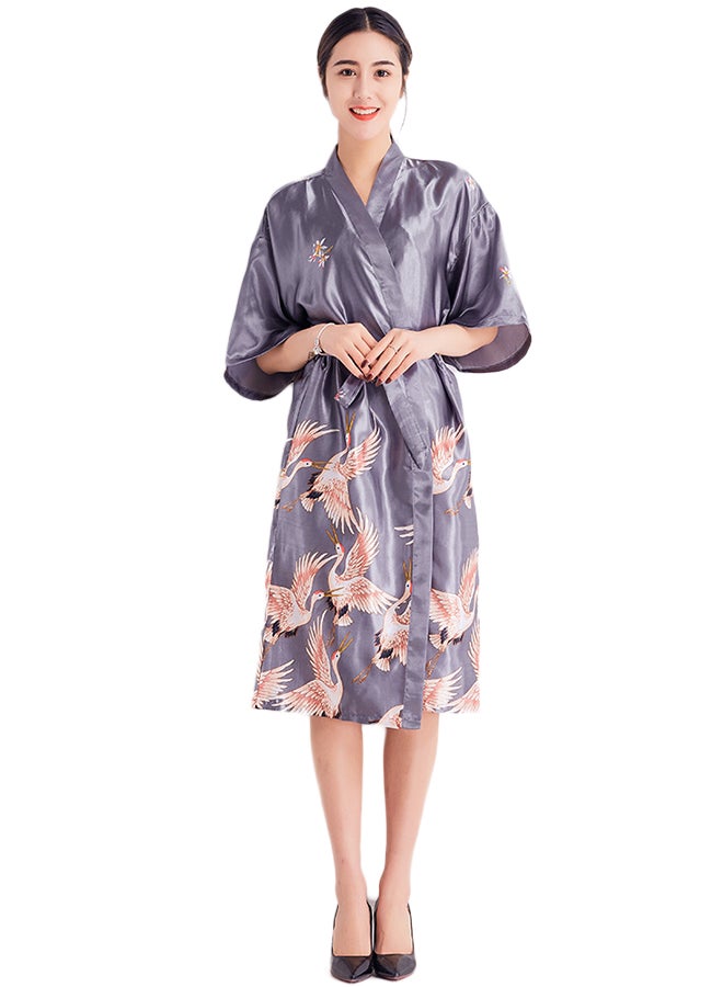 Self-Tie Waist Printed Night Robe Grey