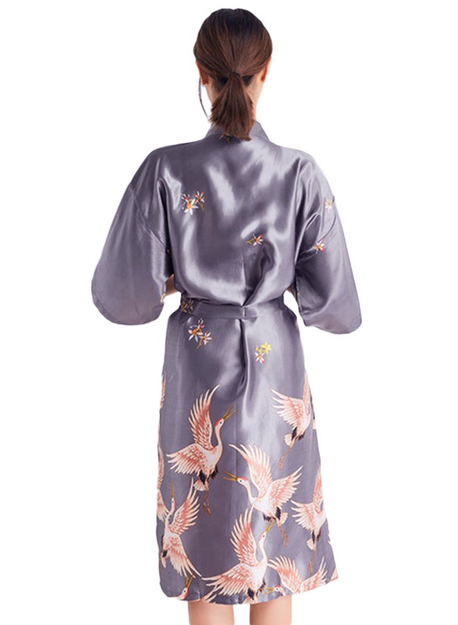 Self-Tie Waist Printed Night Robe Grey