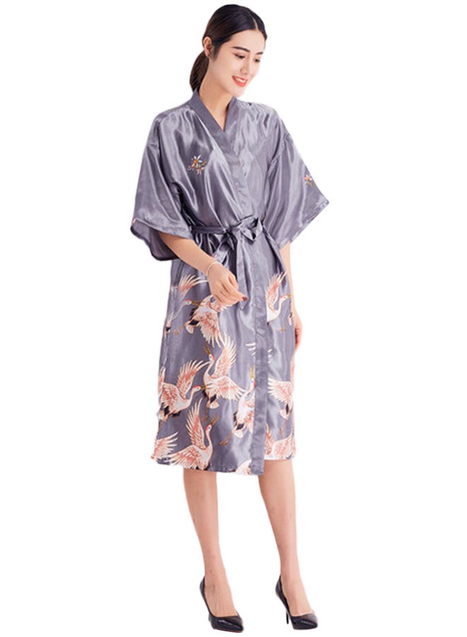 Self-Tie Waist Printed Night Robe Grey