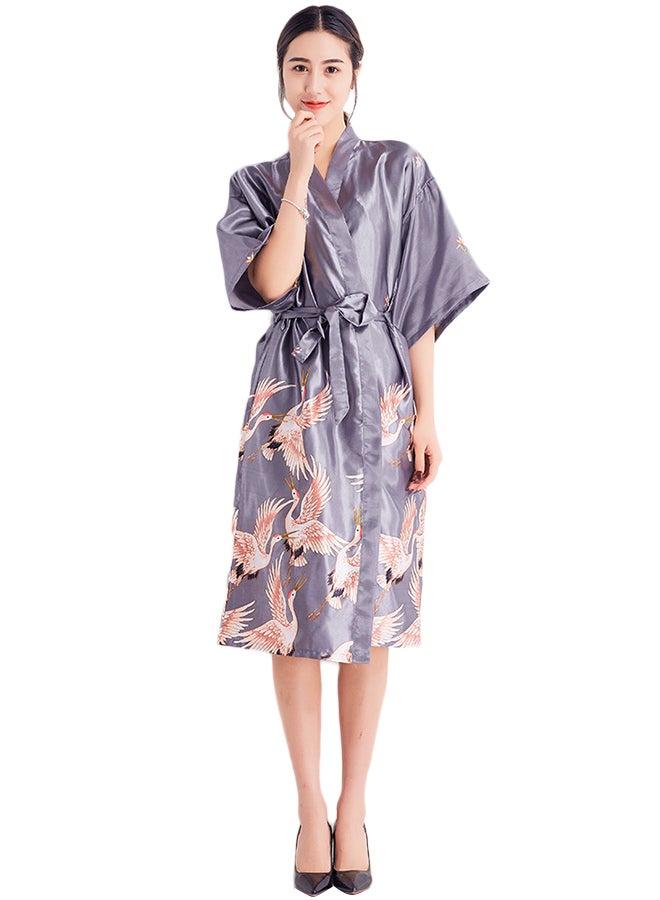 Self-Tie Waist Printed Night Robe Grey