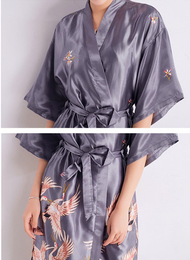 Self-Tie Waist Printed Night Robe Grey