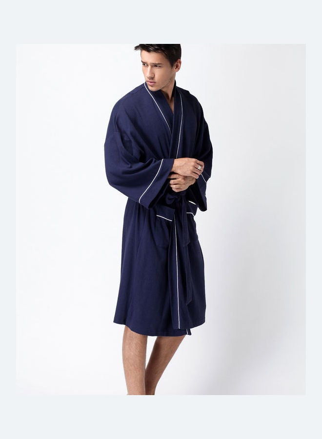 Belted Soft Couples Robe Dark Blue