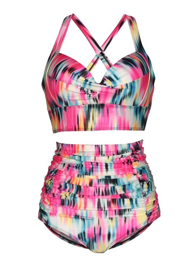 Printed Crossover Strap High Waist Bikini Set Multicolor