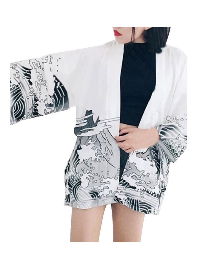 Dragon Wave Print Sun Protection Cardigan Beach Cover Women Japanese Kimono White