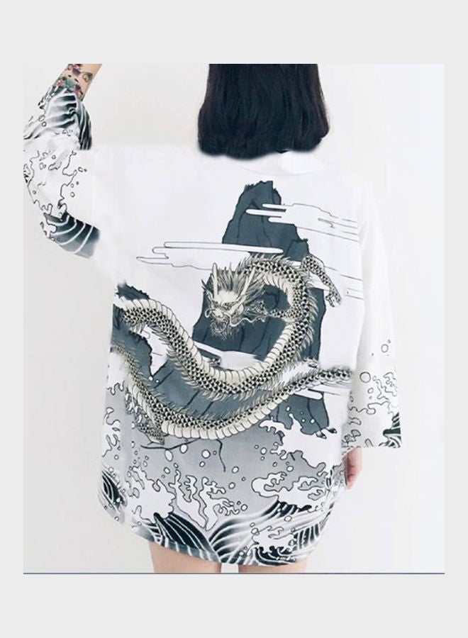 Dragon Wave Print Sun Protection Cardigan Beach Cover Women Japanese Kimono White